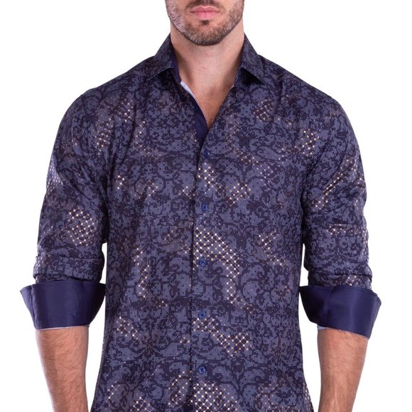 Bespoke Baroque Pattern Metallic Windowpane Print Long Sleeve Dress Shirt Navy - Picture 1 of 2